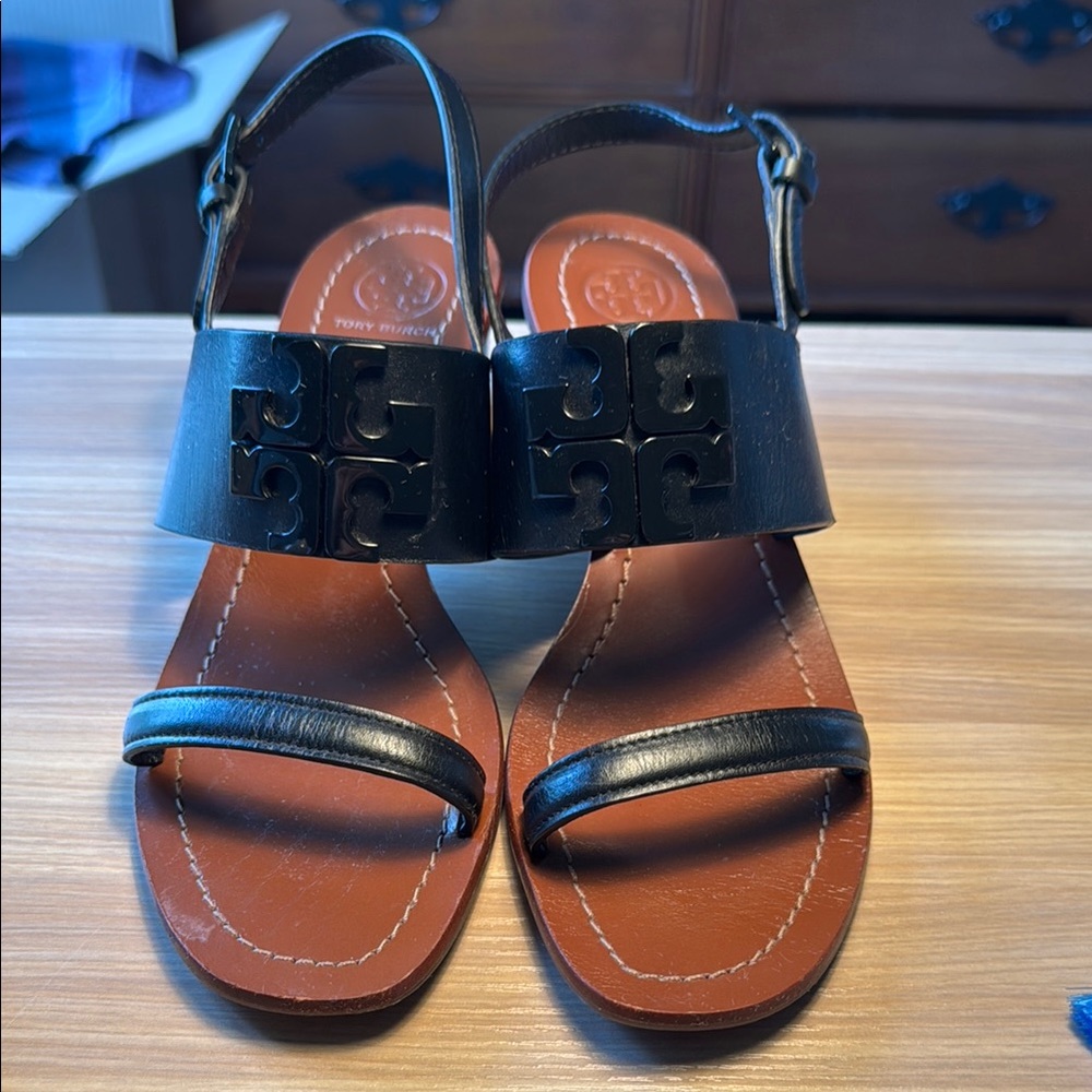 Tory Burch Black Lowell 2 45MM Napa Leather Block Heels Black Sz 8 Sandals